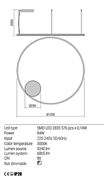 Montážny list Stmievateľné závesné LED svietidlo Orbit 01-1716-TRIAC 3000K Ø 120cm, Redo Group